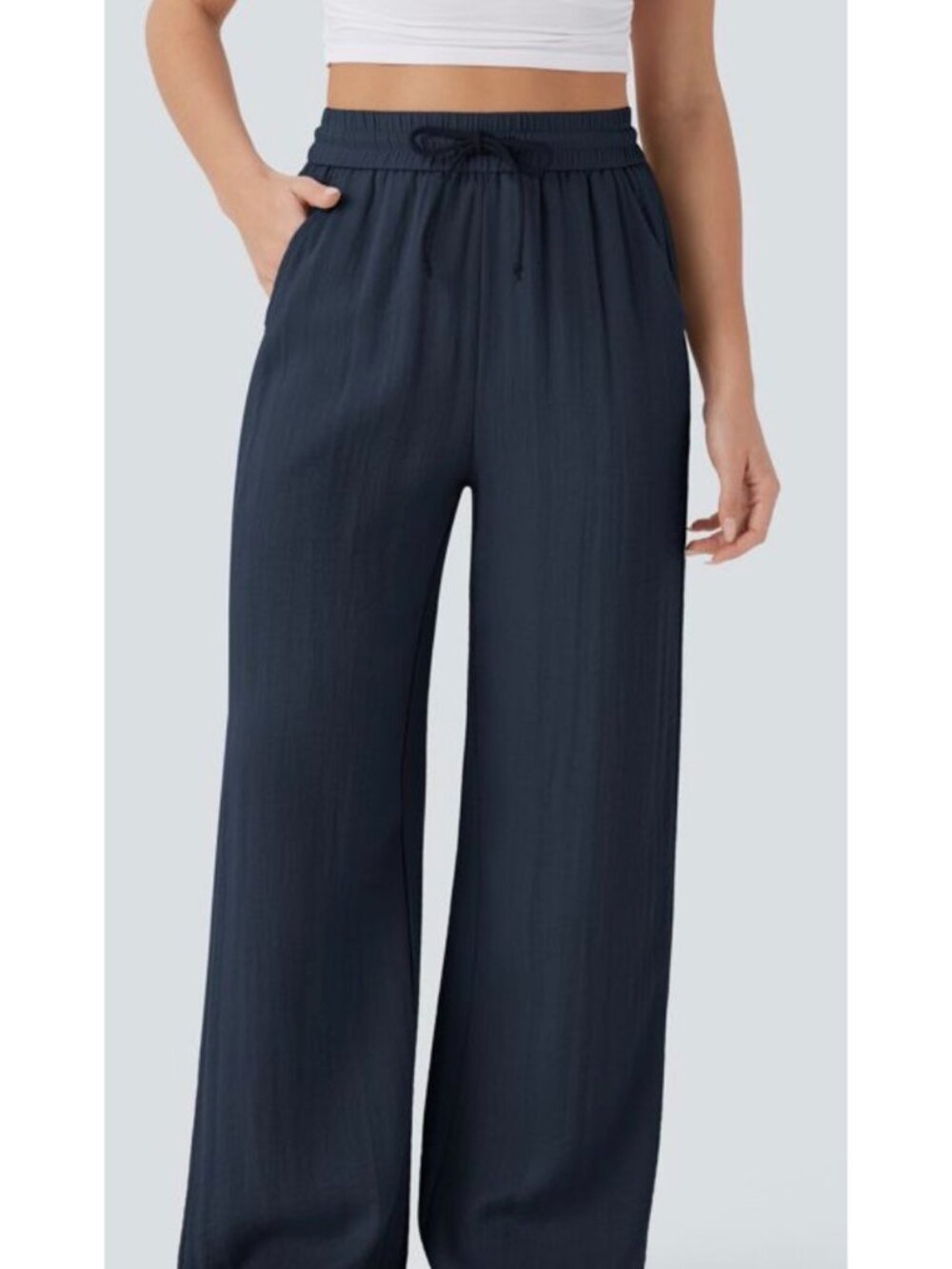 Halara MP Womens Wide-Leg Pants Medium Petite Navy Linen-like feel Drawstring El